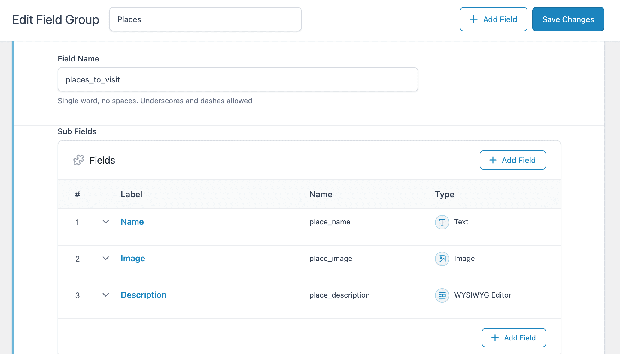 ACF Repeater: Sub Fields