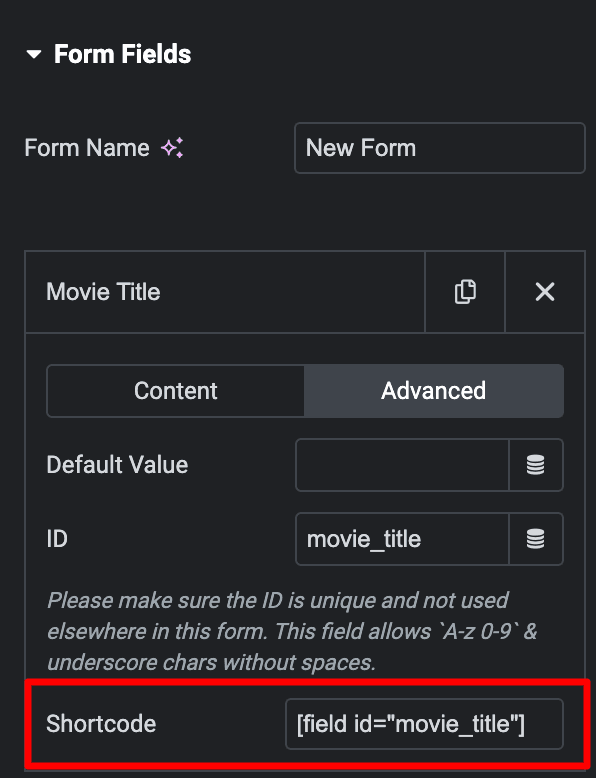 Elementor Form: Form Fields Advanced Settings(Shortcode)