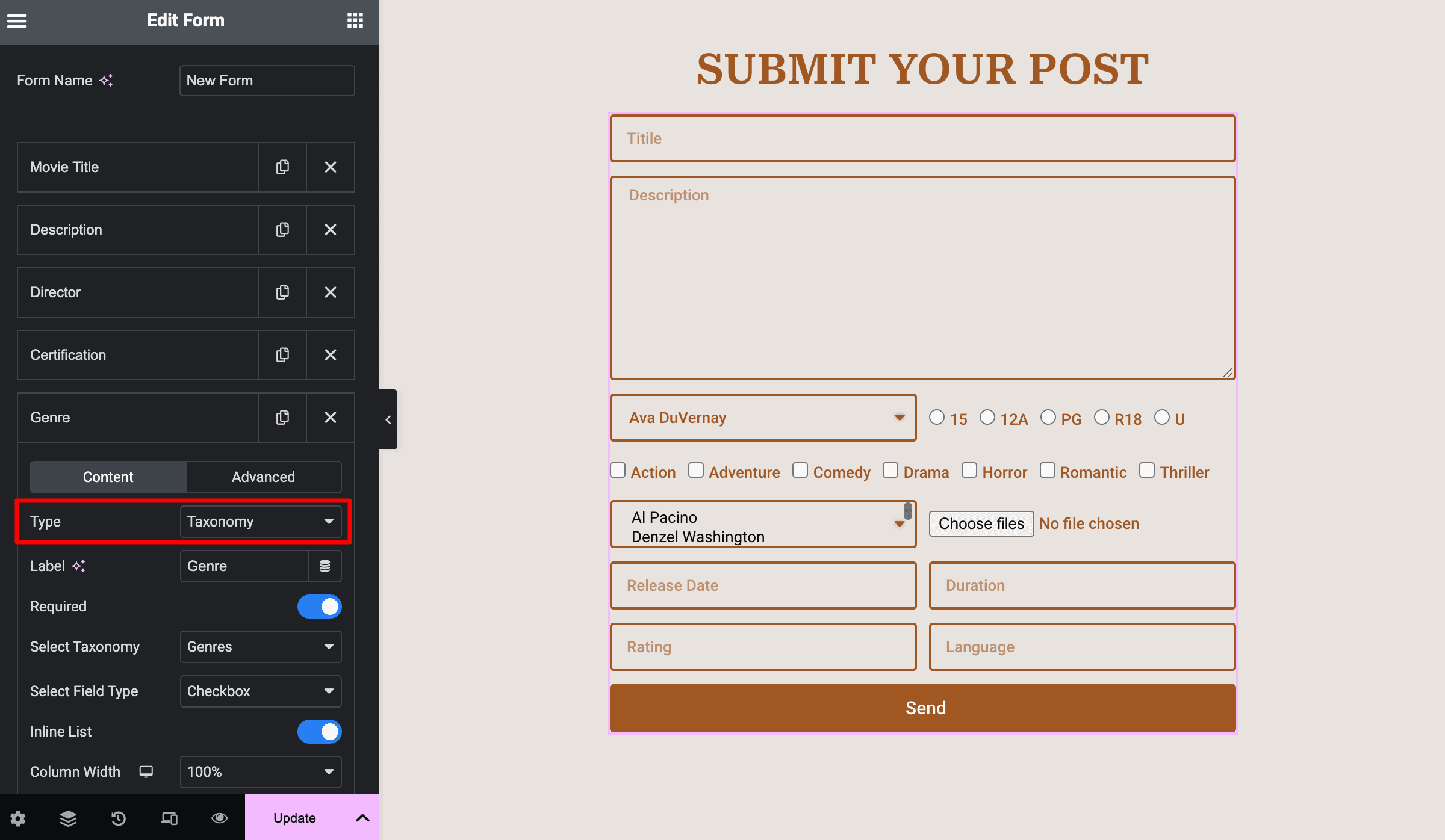 Elementor Form: Taxonomy Type