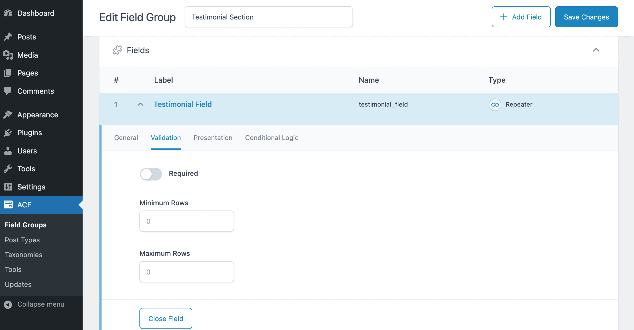 ACF Repeater: Validation Settings