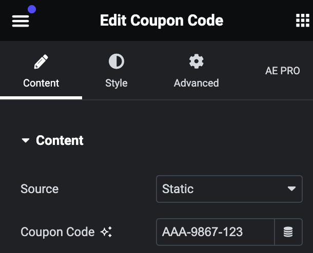 Coupon Code: Static Source Settings