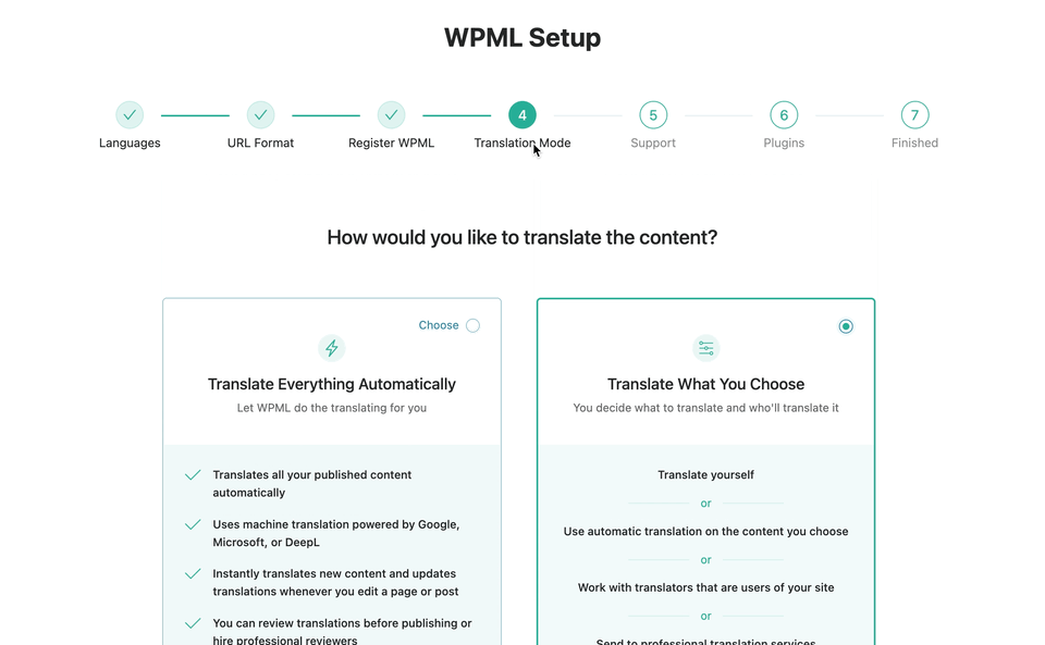 WPML Setup: Translation Mode Settings