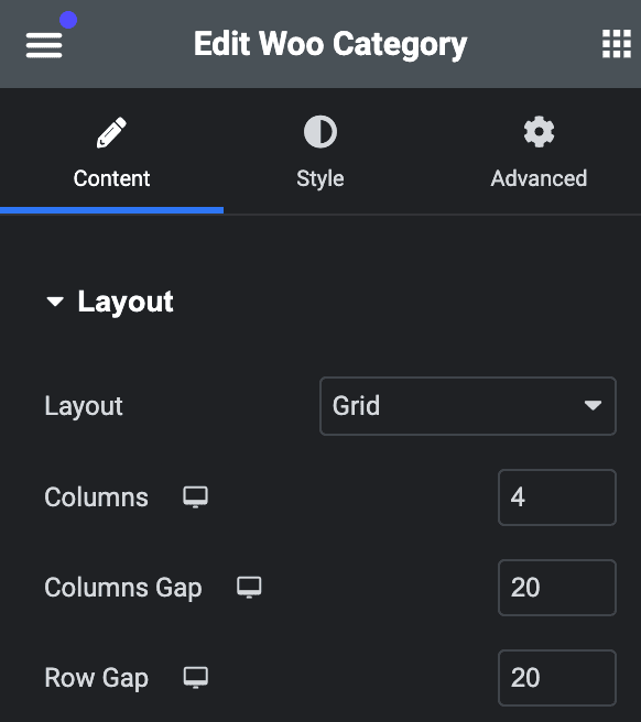 Woo Category: Grid Layout Settings