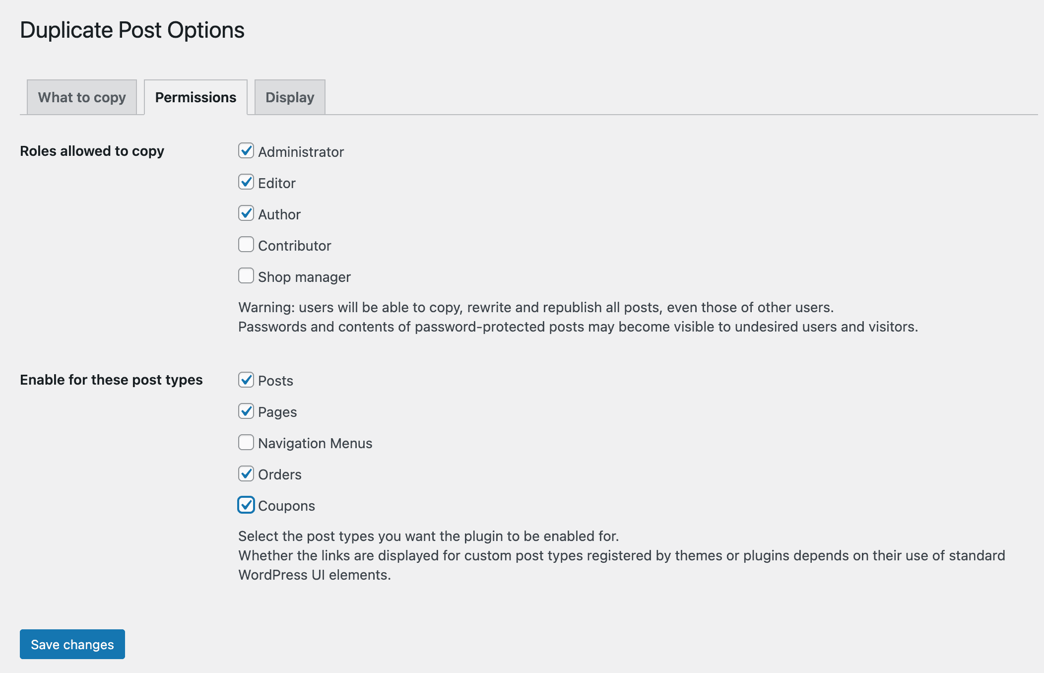 Duplicate Post Settings: Permissions