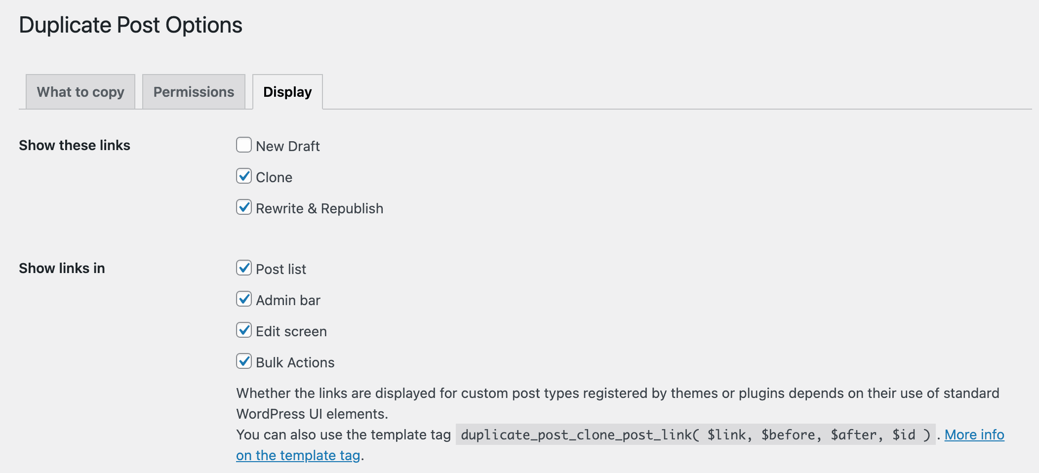 Duplicate Post Settings: Display