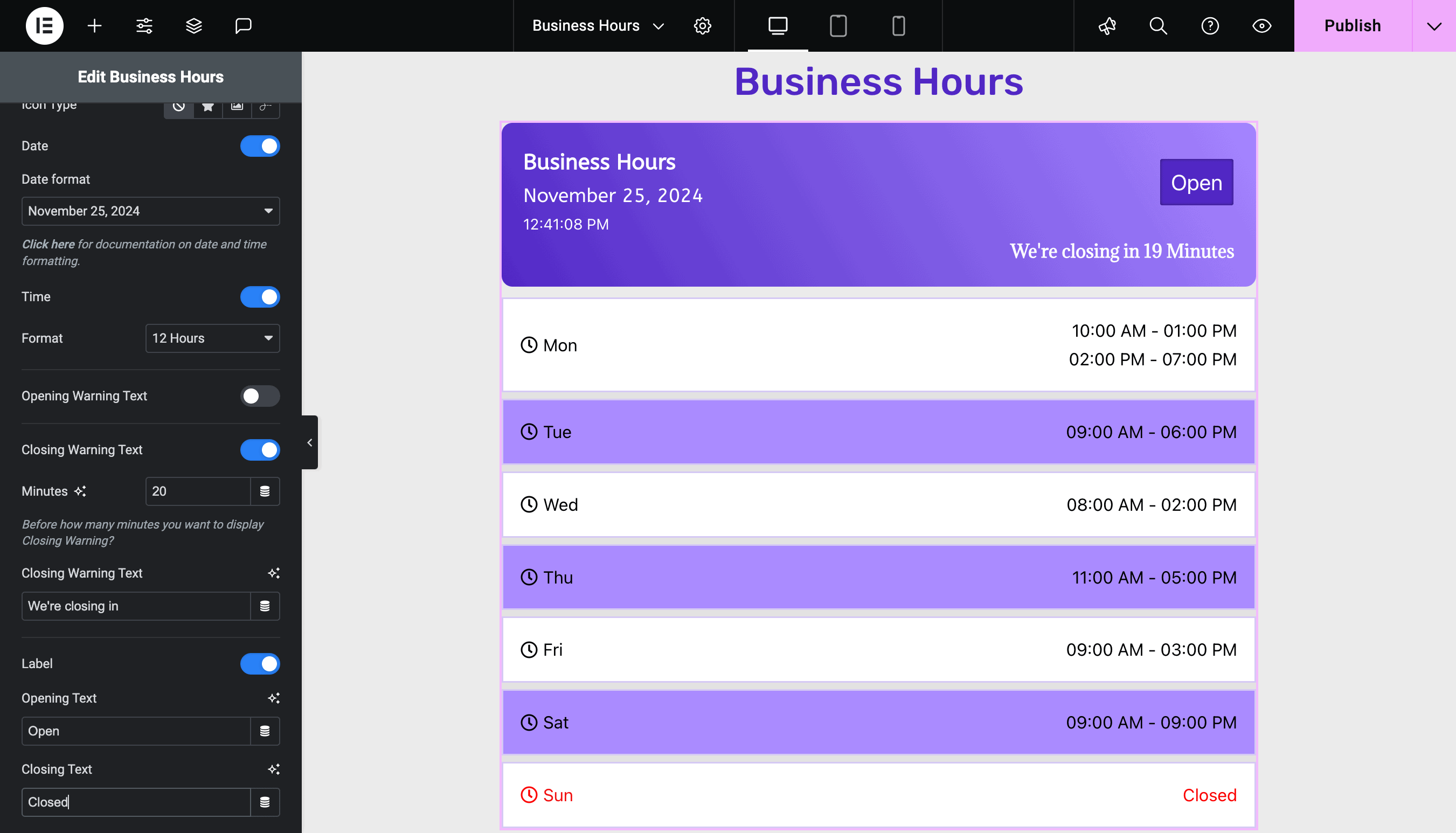 Business Hours: Display Business Status 