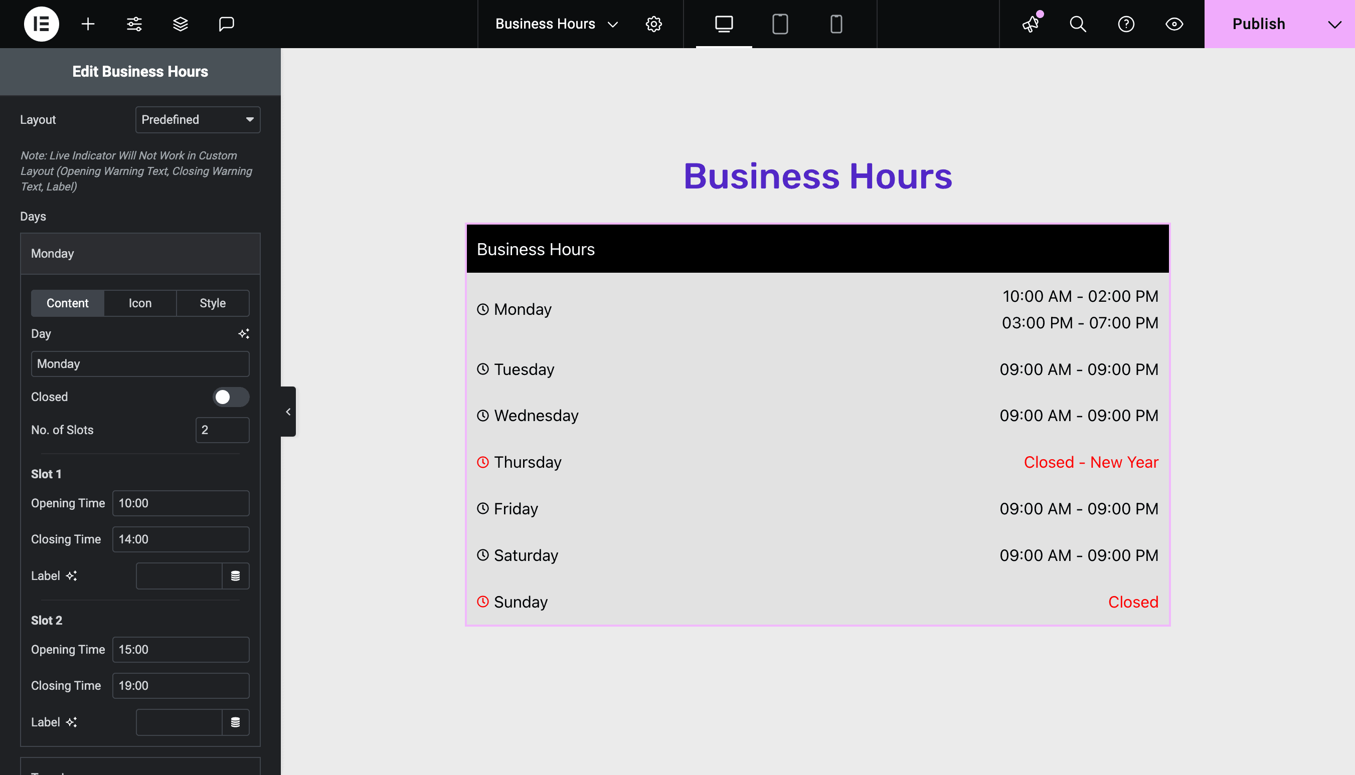 Business Hours: Choose Predefined Layout