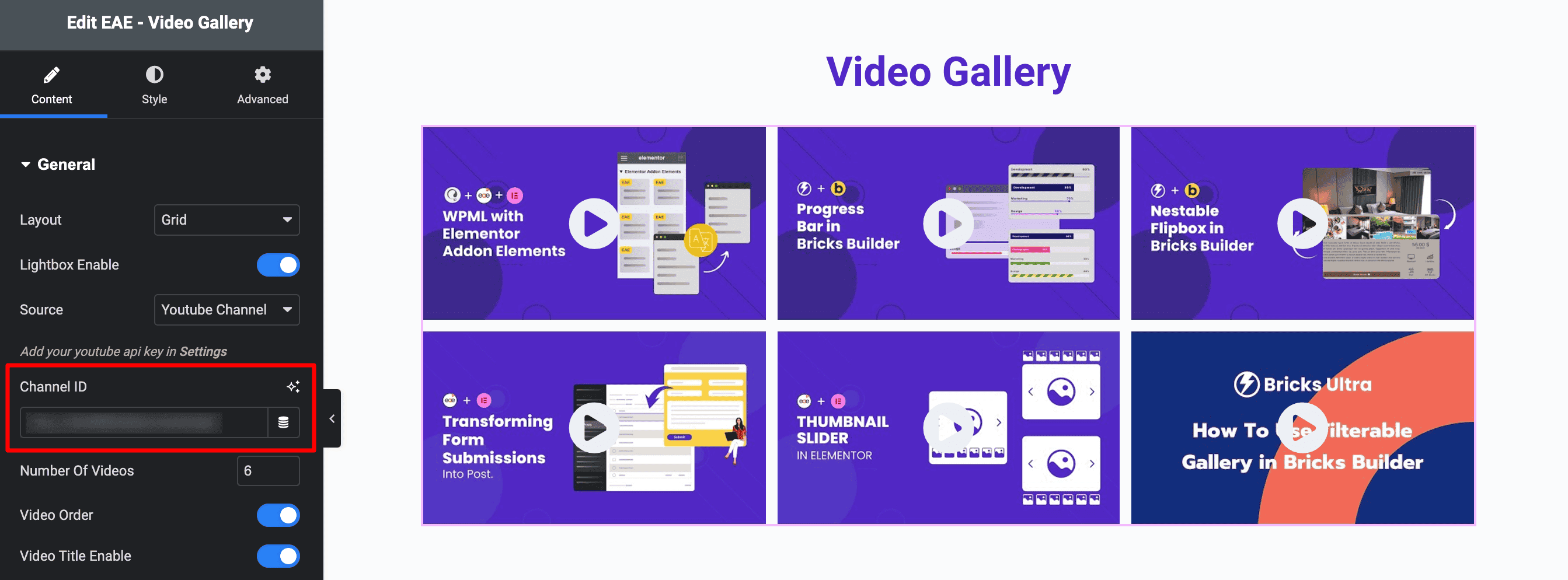 Video Gallery: Show Videos Using Channel ID