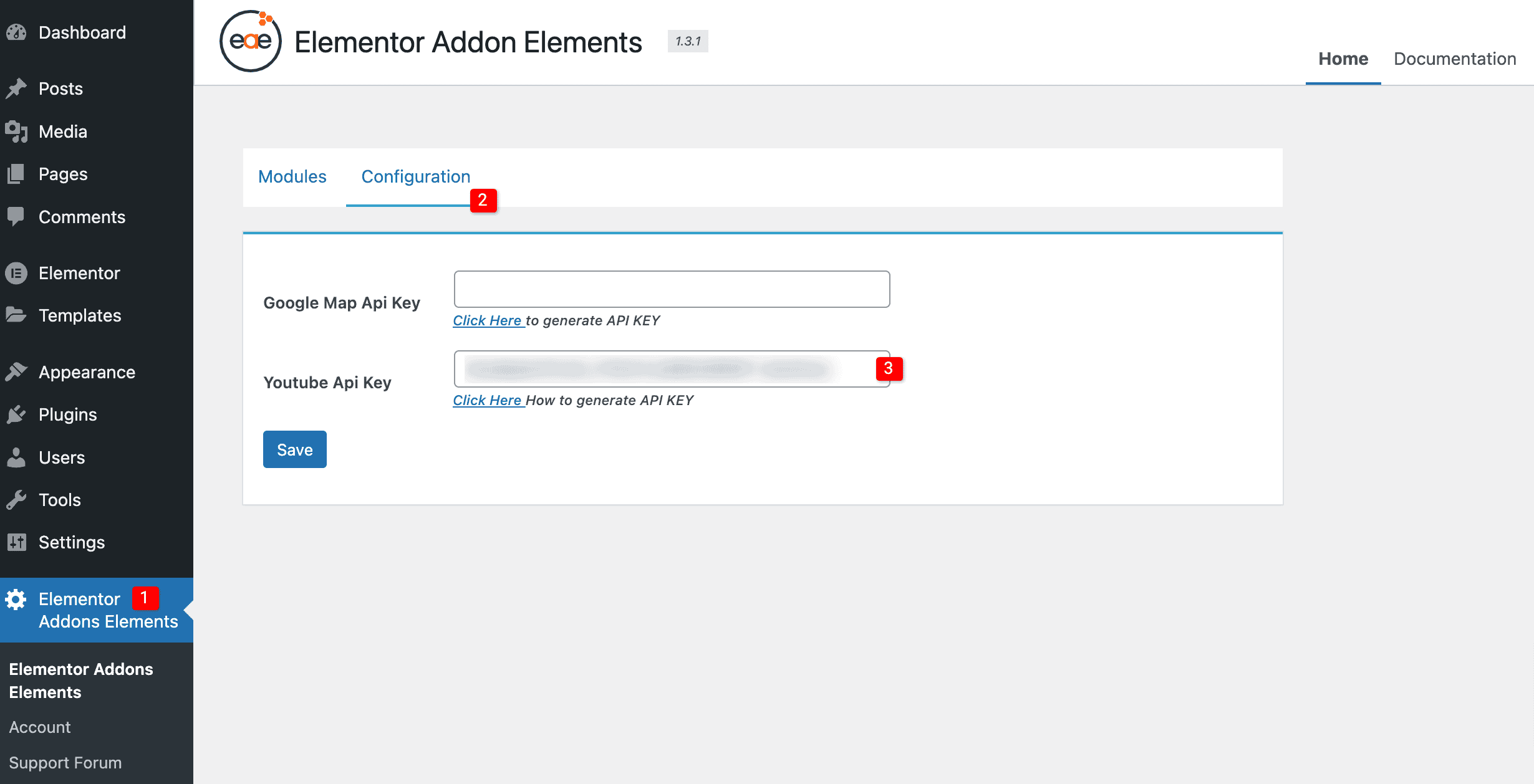 Enter YouTube API Key in Elementor Addon Elements Settings