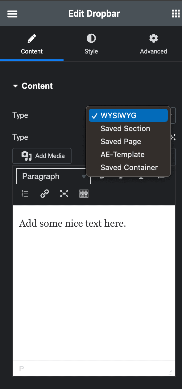 Dropbar: Content Type