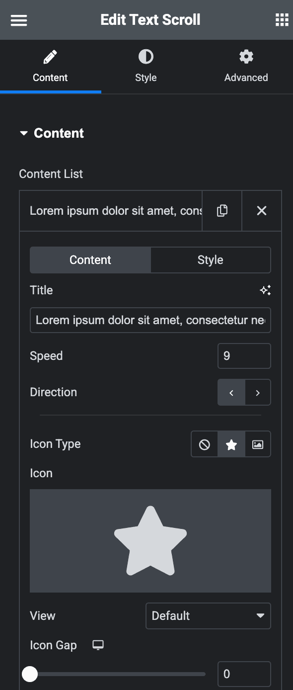 Text Scroll: Content Settings